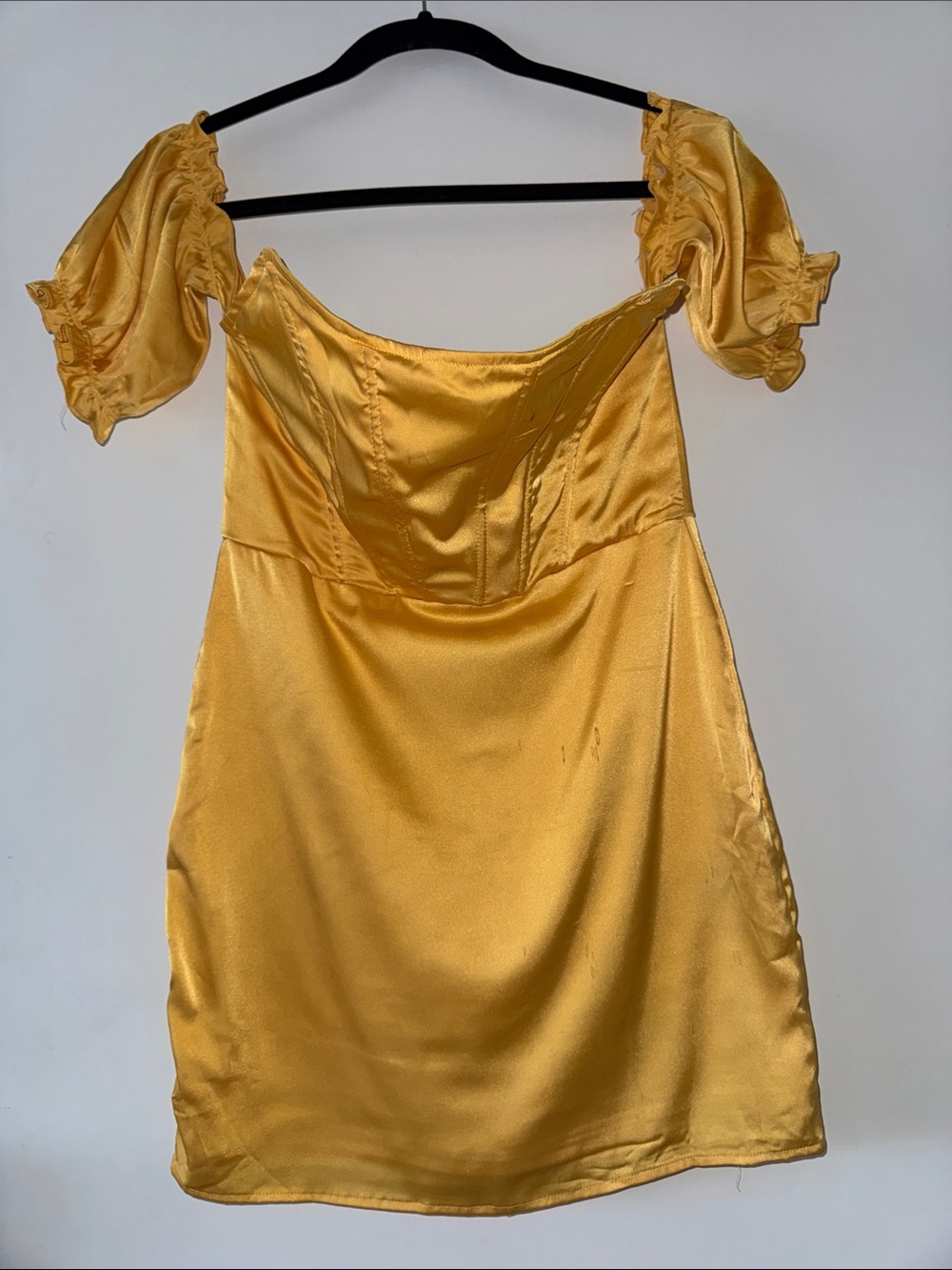 Windsor Gold Satin Puff-Sleeve Mini Dress